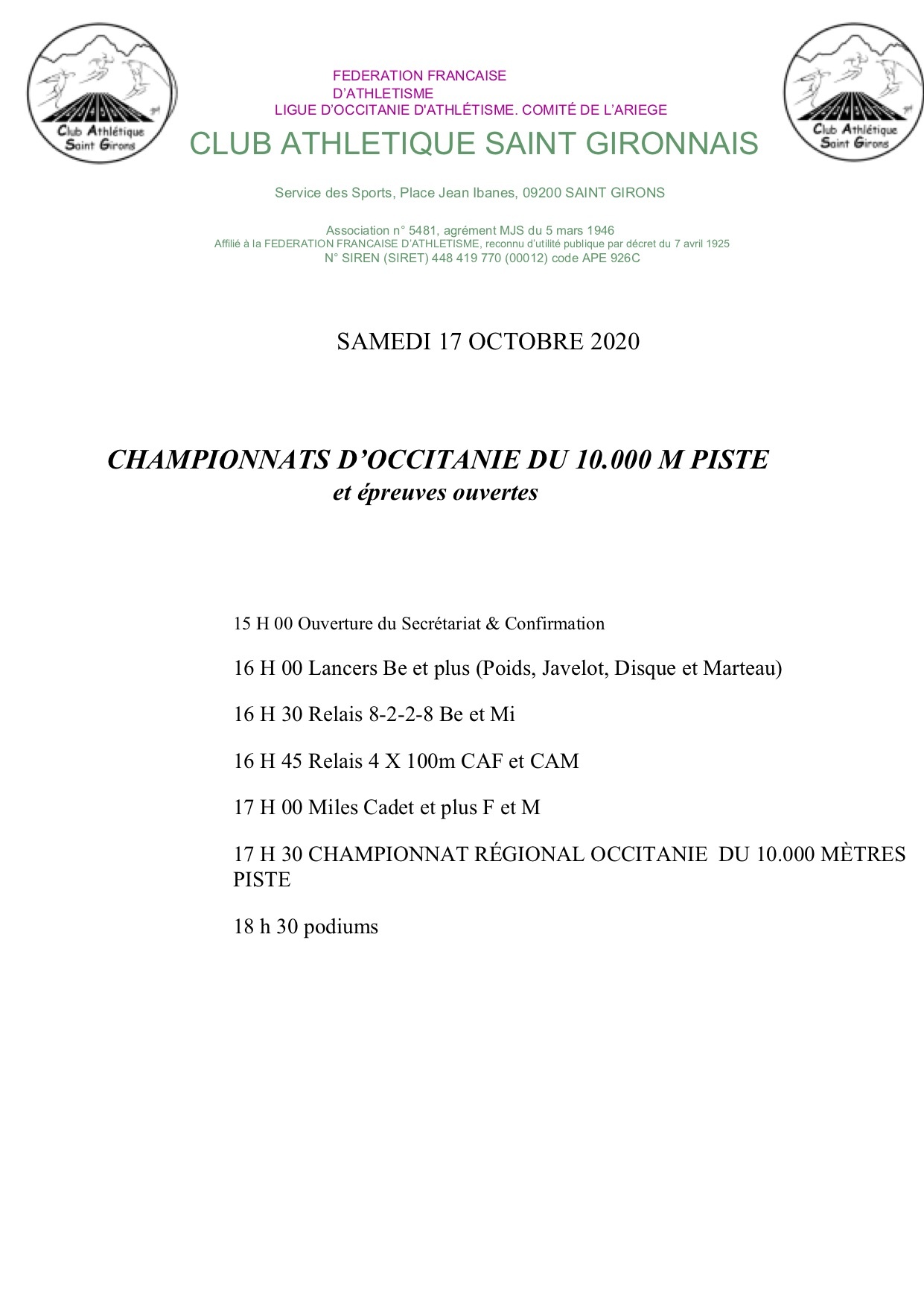 programme 10000 M